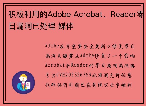 积极利用的Adobe Acrobat、Reader零日漏洞已处理 媒体